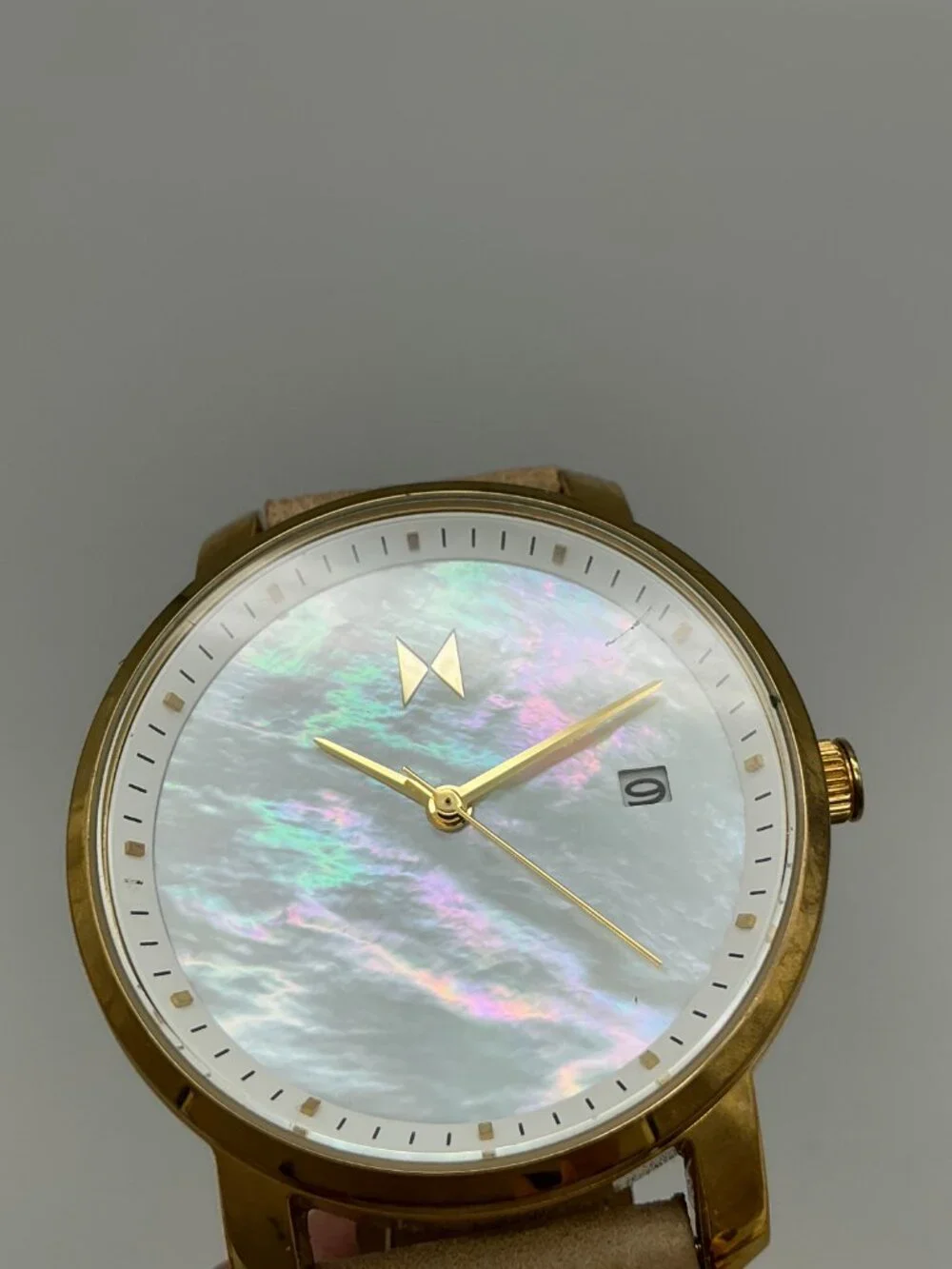 MVMT Gold Pearl Womens Watch 38mm MOP Dial Gold Tone Leather Date New Battery
